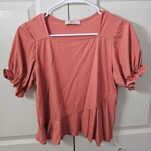 Pink Puff Sleeve Peplum Blouse with Peter Pan Collar